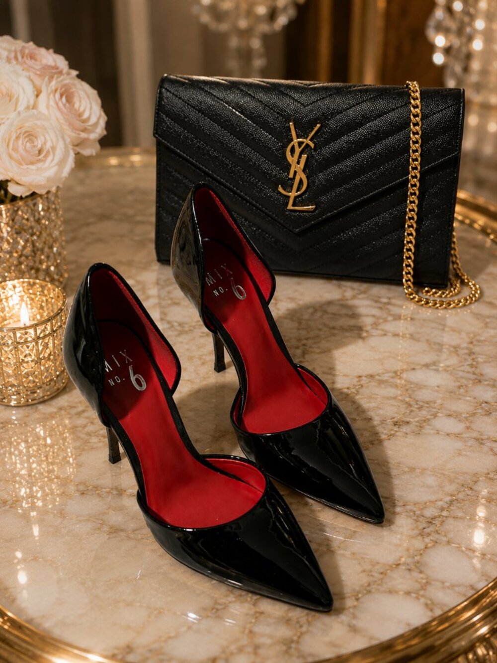 Mix No. 6 Dawnira Black Patent D'Orsay Heel Pumps Size 6 Heel Red Inside